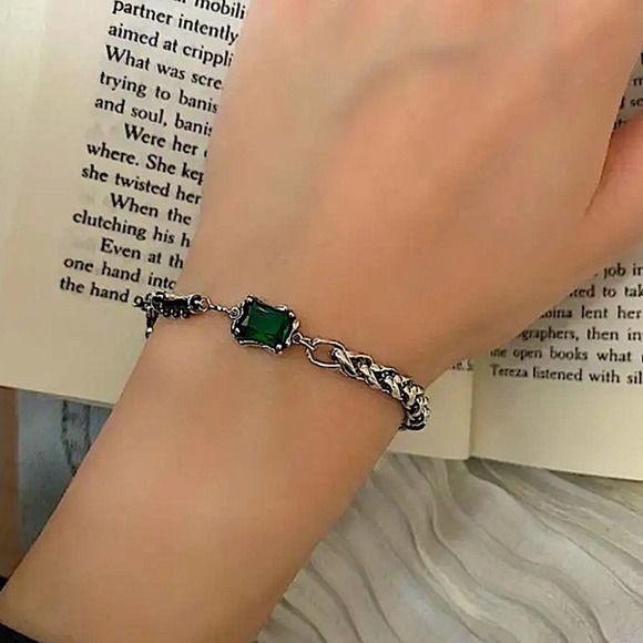 Sterling Silver Emerald Tube Chain Bracelet Matching Oversized Resizable Ring - Picture 5 of 8